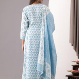 Block Printed Blue Cotton Kurta Set With Dupatta