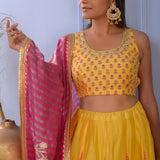 Mustard Yellow Foil Printed Cotton Silk Lehenga Set