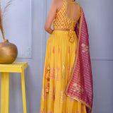 Mustard Yellow Foil Printed Cotton Silk Lehenga Set