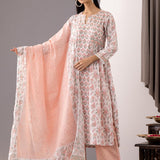 Block Printed Pink Cotton Kurta Set With Dupatta