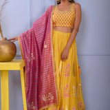 Mustard Yellow Foil Printed Cotton Silk Lehenga Set