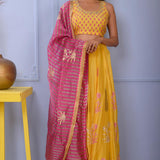Mustard Yellow Foil Printed Cotton Silk Lehenga Set