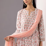 Block Printed Pink Cotton Kurta Set With Dupatta