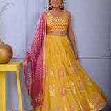 Mustard Yellow Foil Printed Cotton Silk Lehenga Set