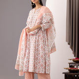 Block Printed Pink Cotton Kurta Set With Dupatta