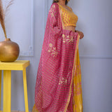 Mustard Yellow Foil Printed Cotton Silk Lehenga Set