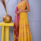 Mustard Yellow Foil Printed Cotton Silk Lehenga Set