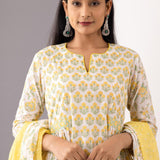 Block Printed Yellow Cotton Kurta Set With Dupatta