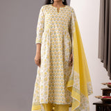 Block Printed Yellow Cotton Kurta Set With Dupatta
