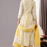 Block Printed Yellow Cotton Kurta Set With Dupatta