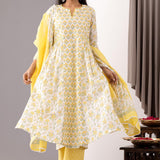 Block Printed Yellow Cotton Kurta Set With Dupatta