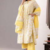 Block Printed Yellow Cotton Kurta Set With Dupatta