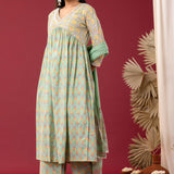 Block Printed Light Sea Green Gathered Cotton Kurti Set