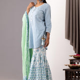 Block Printed Blue Cotton Kurta Gharara Set With Dupatta