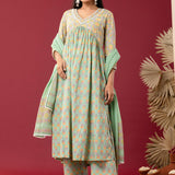 Block Printed Light Sea Green Gathered Cotton Kurti Set