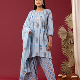 Block Printed Blue Cotton Cambric Gathered Kurti Set