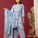 Block Printed Blue Cotton Cambric Gathered Kurti Set