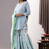 Block Printed Blue Cotton Kurta Gharara Set With Dupatta