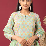 Floral Printed Light Green Cotton Kurta Set With Dupatta