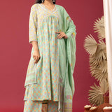 Block Printed Light Sea Green Gathered Cotton Kurti Set