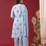 Block Printed Blue Cotton Cambric Gathered Kurti Set