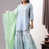 Block Printed Blue Cotton Kurta Gharara Set With Dupatta