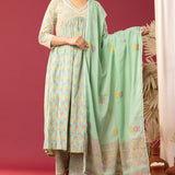 Block Printed Light Sea Green Gathered Cotton Kurti Set