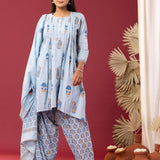 Block Printed Blue Cotton Cambric Gathered Kurti Set