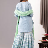 Block Printed Blue Cotton Kurta Gharara Set With Dupatta