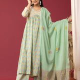 Block Printed Light Sea Green Gathered Cotton Kurti Set