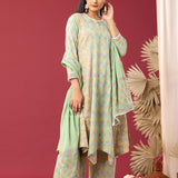 Floral Printed Light Green Cotton Kurta Set With Dupatta