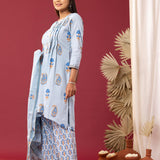 Block Printed Blue Cotton Cambric Gathered Kurti Set