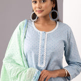 Block Printed Blue Cotton Kurta Gharara Set With Dupatta