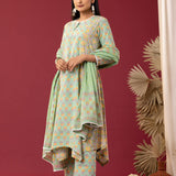 Floral Printed Light Green Cotton Kurta Set With Dupatta