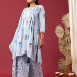 Block Printed Blue Cotton Cambric Gathered Kurti Set
