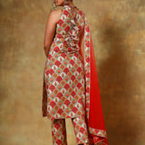 Red Floral Medallion Printed Sleeveless Salwar Set With Net Dupatta