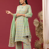 Floral Printed Light Green Cotton Kurta Set With Dupatta