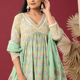 Block Printed Light Sea Green Gathered Cotton Kurti Set