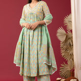 Block Printed Light Sea Green Gathered Cotton Kurti Set
