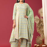 Floral Printed Light Green Cotton Kurta Set With Dupatta