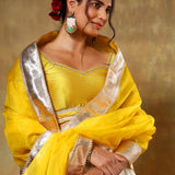 Mustard Yellow Blouse Lehenga With Ivory Skirt And Silver Border