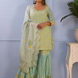 Sea Green Foil Printed Cotton Silk Gharara Set