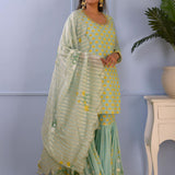 Sea Green Foil Printed Cotton Silk Gharara Set
