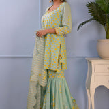 Sea Green Foil Printed Cotton Silk Gharara Set