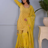 Lemon Yellow Foil Printed Cotton Silk Gharara Set