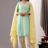 Block Printed Green Cotton Kurta And Salwar Set
