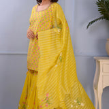 Lemon Yellow Foil Printed Cotton Silk Gharara Set