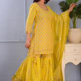 Lemon Yellow Foil Printed Cotton Silk Gharara Set