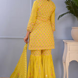 Lemon Yellow Foil Printed Cotton Silk Gharara Set