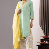 Block Printed Green Cotton Kurta And Salwar Set